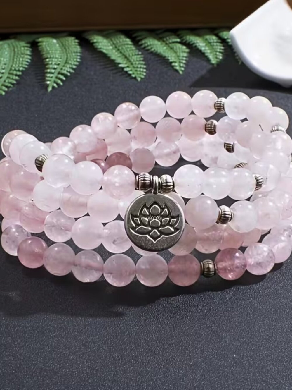 Mediation-Prayer Bead Bracelet 8mm Rose Quartz Wrist Wrap Stretch extra 3-Charms